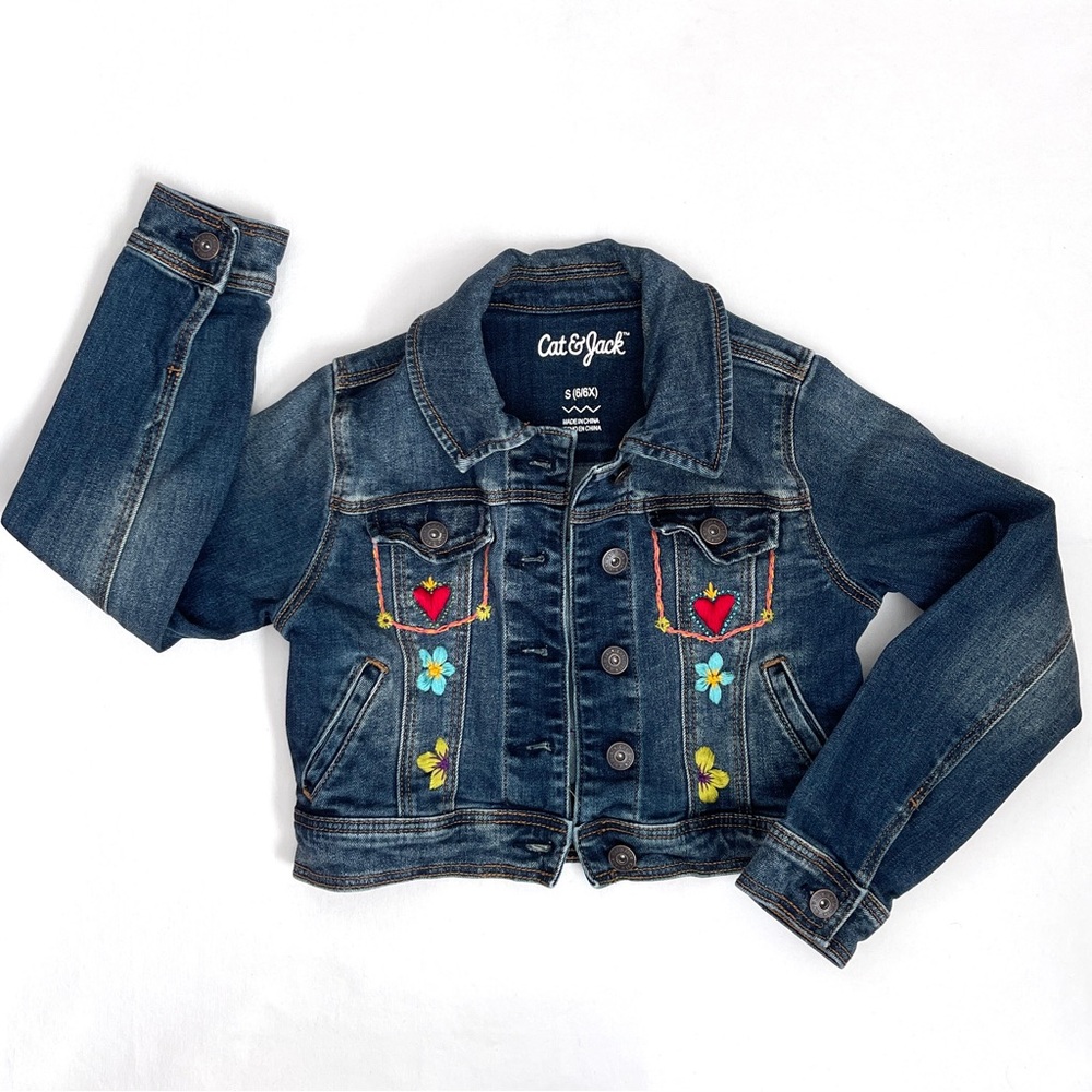 Cat & Jack Kids Blue Denim Jacket with Colorful Embroidery
